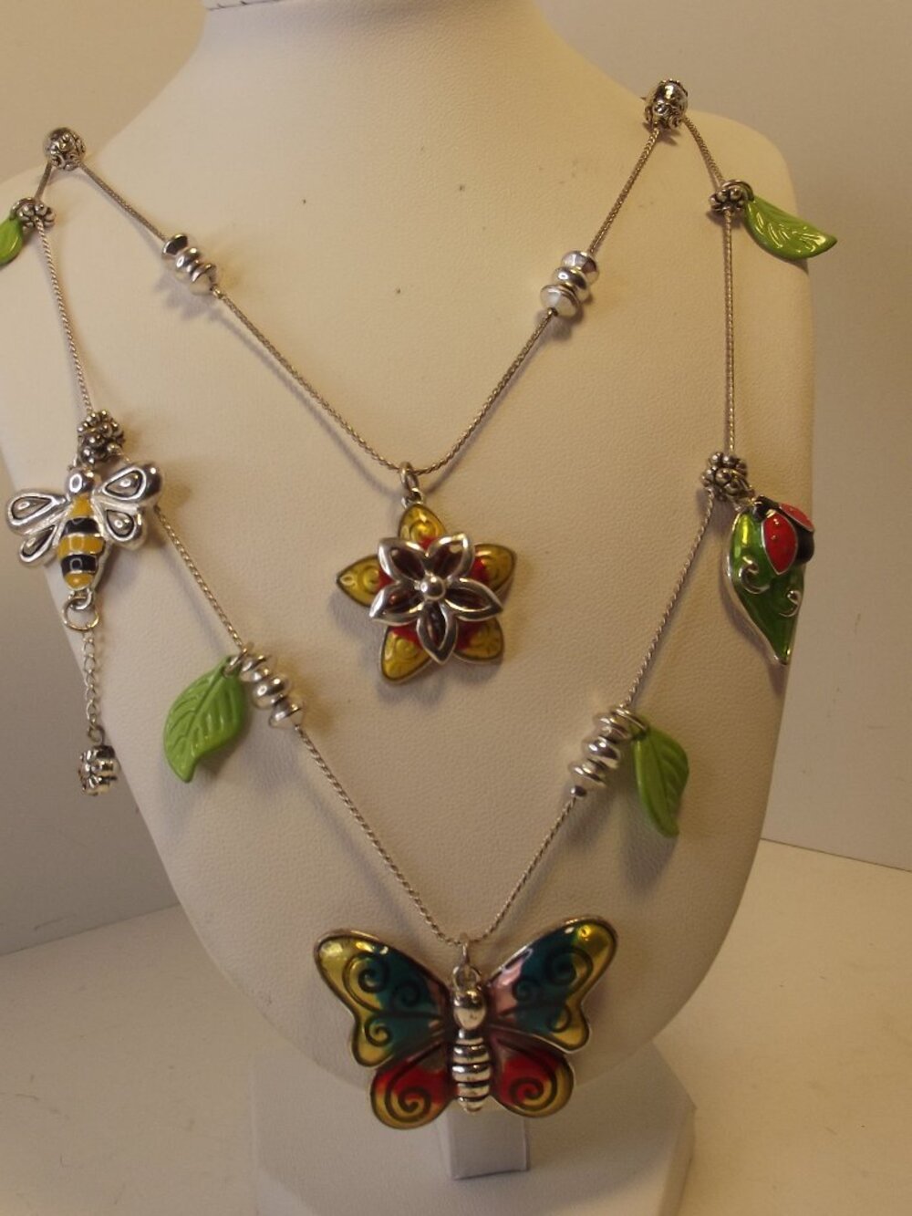 Butterfly Bee Ladybug Necklace - Double Strand Silver Tone Chain Lots of Charms!